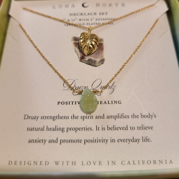 2 PC LUNA NORTE DRUSY QUARTZ GEMSTONE & GOLD PLATED LEAF CHARM NECKLACES - Picture 2 of 5